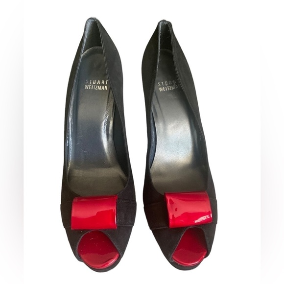 Stuart Weitzman Puento Black Suede Peep Toe Stiletto Heels Sz 8.5 Red Bow & Heel - Picture 13 of 14